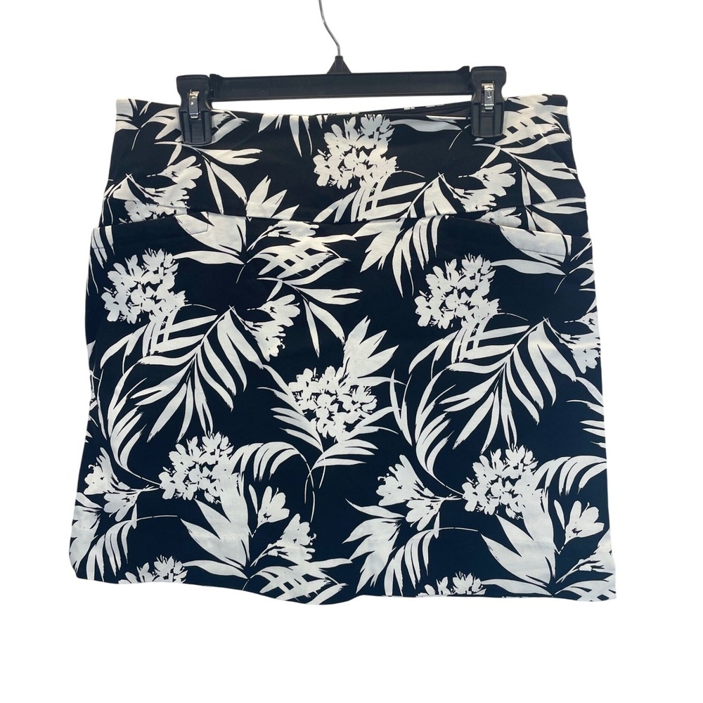 SC & CO Women Black White Tropical Floral Print A-Line Skirt Skort‎ Size L